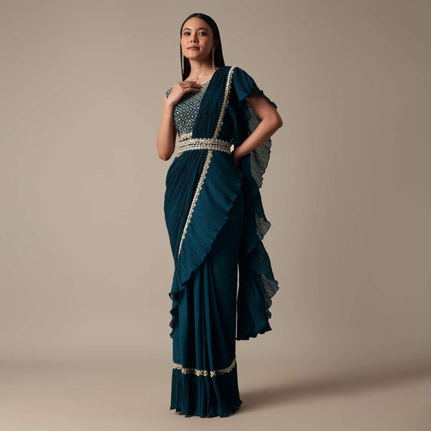 Chic Blue Ready Pleated Saree With Ready Made Blouse