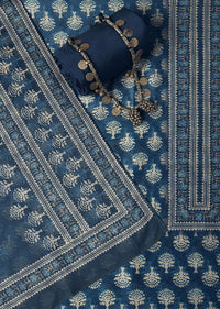 Indigo Printed Chanderi Unstitch Dress Material Set