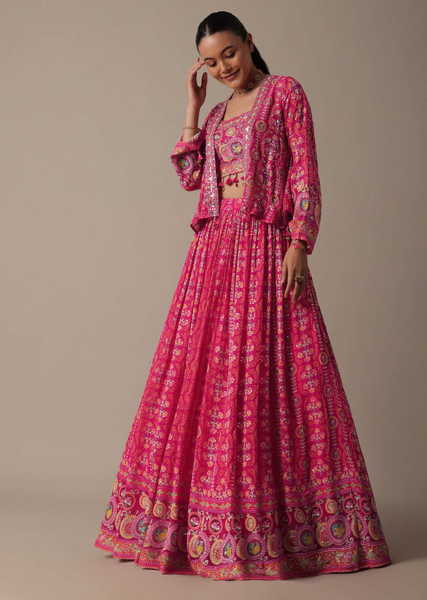 Chic Pink Printed Lehenga Set With Jacket