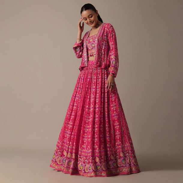 Chic Pink Printed Lehenga Set With Jacket