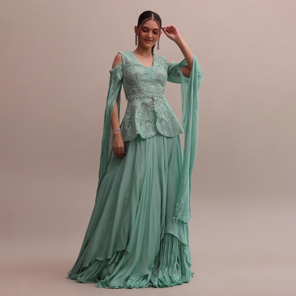 Chic Turquoise Blue Lehenga With Embroidered Off-Shoulder Short Kurta