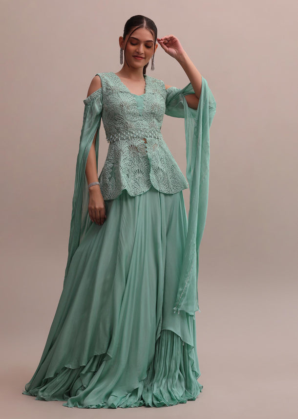 Chic Turquoise Blue Lehenga With Embroidered Off-Shoulder Short Kurta