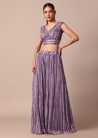 Chiffon Printed Embroidery Crop Top With Jacket And Palazzo Set in Purple