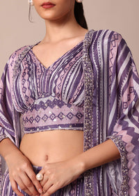 Chiffon Printed Embroidery Crop Top With Jacket And Palazzo Set in Purple