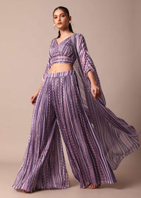 Chiffon Printed Embroidery Crop Top With Jacket And Palazzo Set in Purple