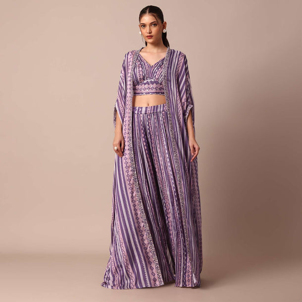 Chiffon Printed Embroidery Crop Top With Jacket And Palazzo Set in Purple