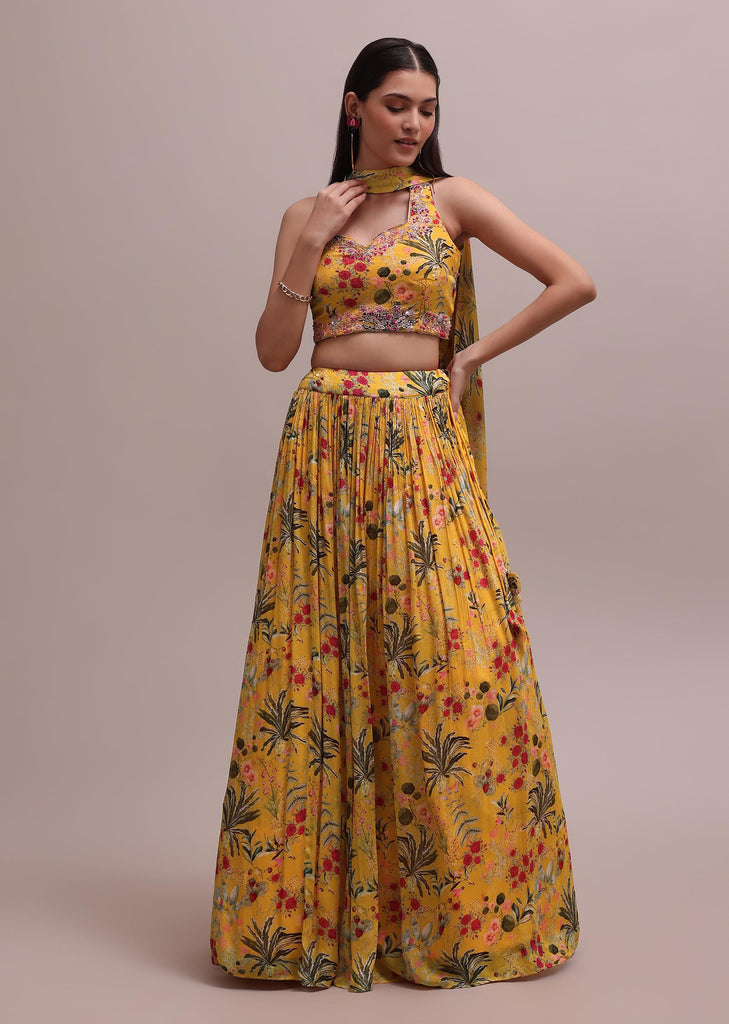 Chiffon Yellow Printed Lehenga Set With Intricately Embroidered Choli And A Dupatta