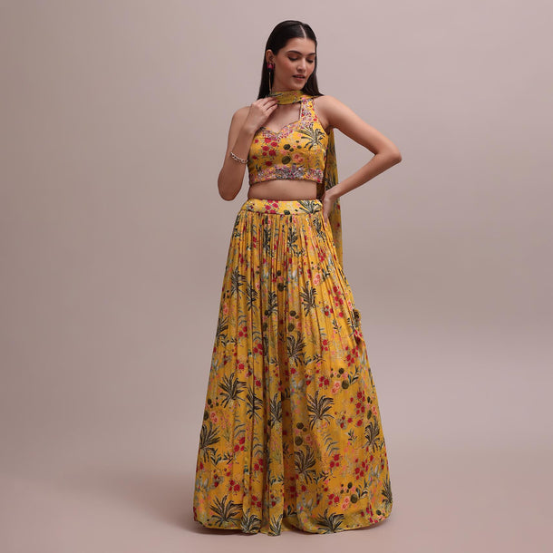 Chiffon Yellow Printed Lehenga Set With Intricately Embroidered Choli And A Dupatta