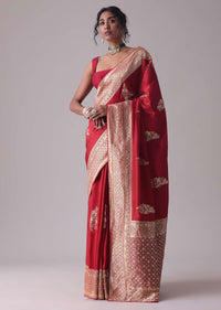 Chilli Pepper Red Embroidered Saree In Dola Silk