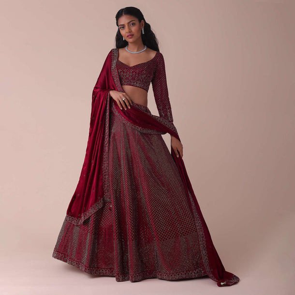 Maroon Red Wrinkle Satin Lehenga With Swarovski Crystals