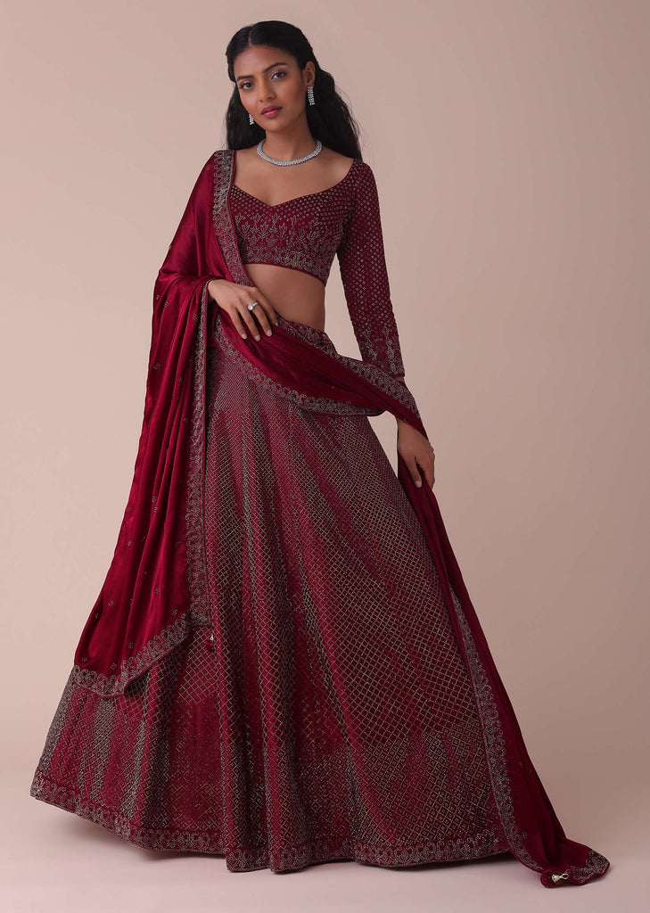 Maroon Red Wrinkle Satin Lehenga With Swarovski Crystals