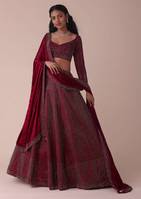 Maroon Red Wrinkle Satin Lehenga With Swarovski Crystals