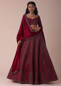 Maroon Red Wrinkle Satin Lehenga With Swarovski Crystals