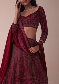 Maroon Red Wrinkle Satin Lehenga With Swarovski Crystals