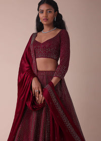 Maroon Red Wrinkle Satin Lehenga With Swarovski Crystals