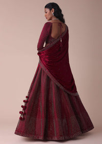 Maroon Red Wrinkle Satin Lehenga With Swarovski Crystals