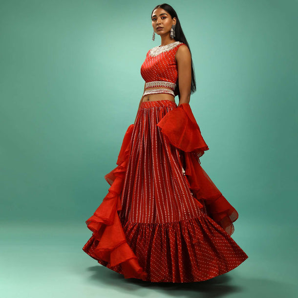 Chilly Red Crop Top And Lehenga Set With Bandhani Print And Moti Work