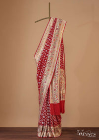 Maroon Red Georgette Saree With Banarasi Zari With Khaddi Border And An Unstitched Blouse