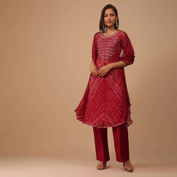 Maroon Red Gotta Embroidered Bandhani Printed Georgette Palazzo Suit With Chiffon Dupatta