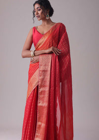 Chinese Red Woven Saree In Organza