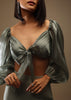 Chino's Green Bow Tie Blouse In Plunging V Neckline Bishop Sleeves, Side Zip Closure