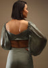 Chino's Green Bow Tie Blouse In Plunging V Neckline Bishop Sleeves, Side Zip Closure