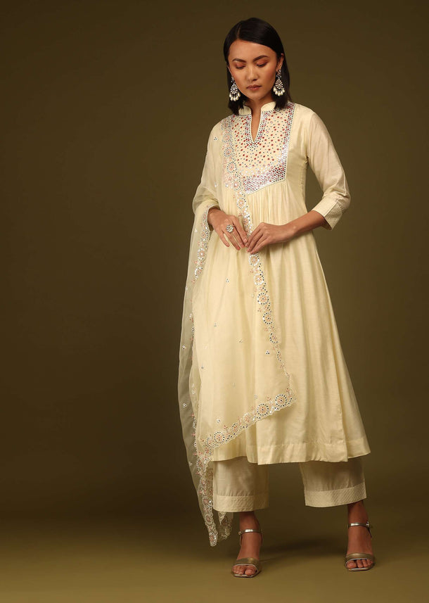 Off White A-Line Kurta Set Net Dupatta With Mirror Work Embellishment