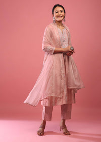 Salmon Pink Pant Suit Set In Lucknowi Abla Embroidery With Mirror And Organza Dupatta