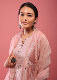 Salmon Pink Pant Suit Set In Lucknowi Abla Embroidery With Mirror And Organza Dupatta