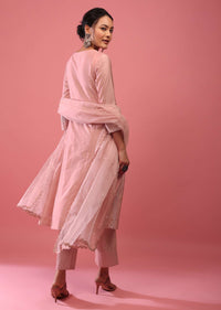 Salmon Pink Pant Suit Set In Lucknowi Abla Embroidery With Mirror And Organza Dupatta