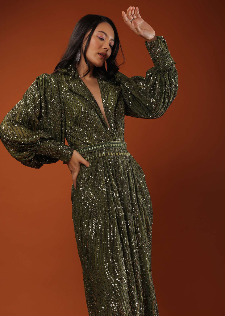 Chive Green Gown With High Collar Neckline In Sequins Embroidery, Bishop Sleeves With Padding