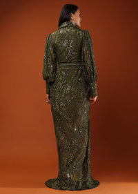 Chive Green Gown With High Collar Neckline In Sequins Embroidery, Bishop Sleeves With Padding