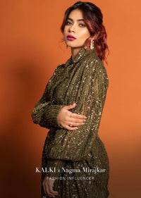 Chive Green Gown With High Collar Neckline In Sequins Embroidery, Bishop Sleeves With Padding