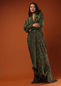 Chive Green Gown With High Collar Neckline In Sequins Embroidery, Bishop Sleeves With Padding