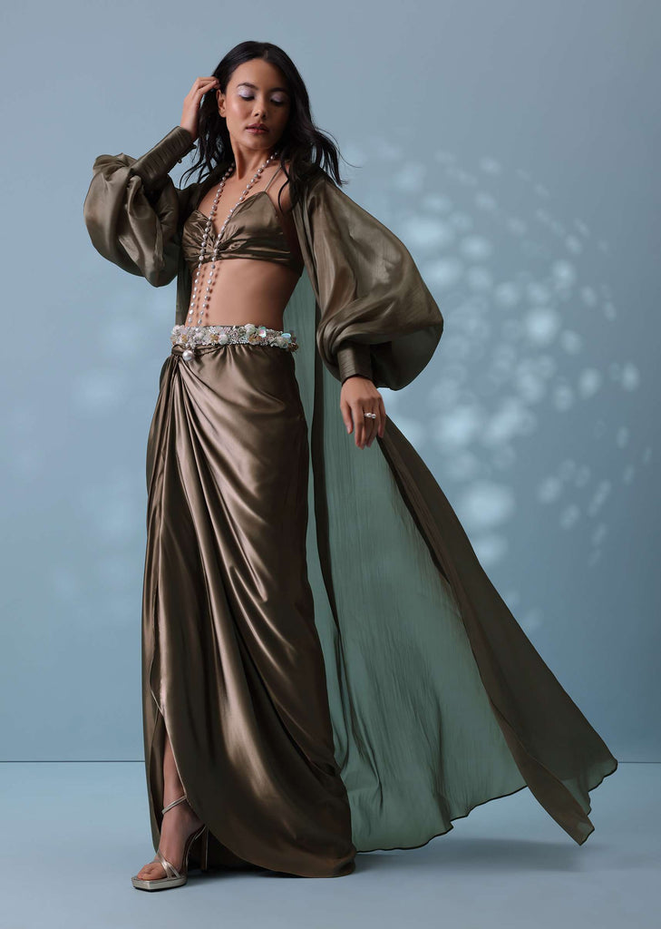 Chocolate Brown Indowestern Skirt Set With Jacket In Milano Organza