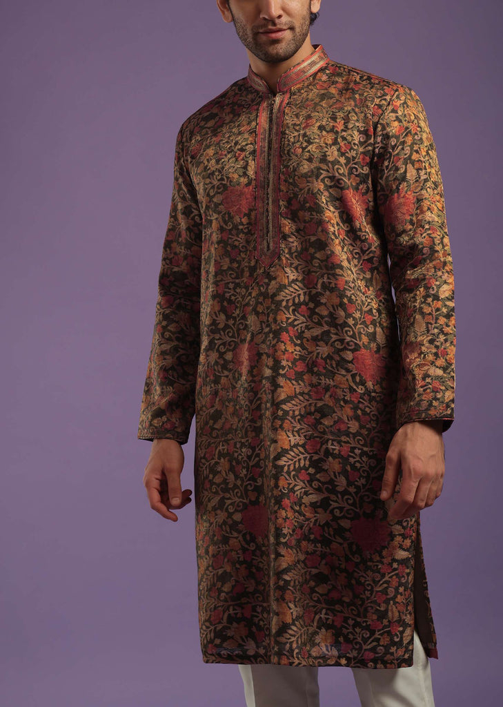 Chocolate Brown Floral Printed Kurta Set In Jacquard