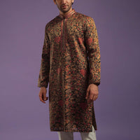 Chocolate Brown Floral Printed Kurta Set In Jacquard