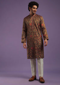 Chocolate Brown Floral Printed Kurta Set In Jacquard