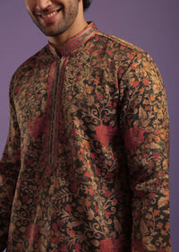 Chocolate Brown Floral Printed Kurta Set In Jacquard