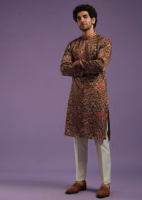 Chocolate Brown Floral Printed Kurta Set In Jacquard