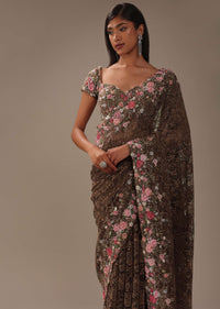 Chocolate Brown Lace Fabricated Saree With 3D Embroidery