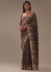 Chocolate Brown Lace Fabricated Saree With 3D Embroidery