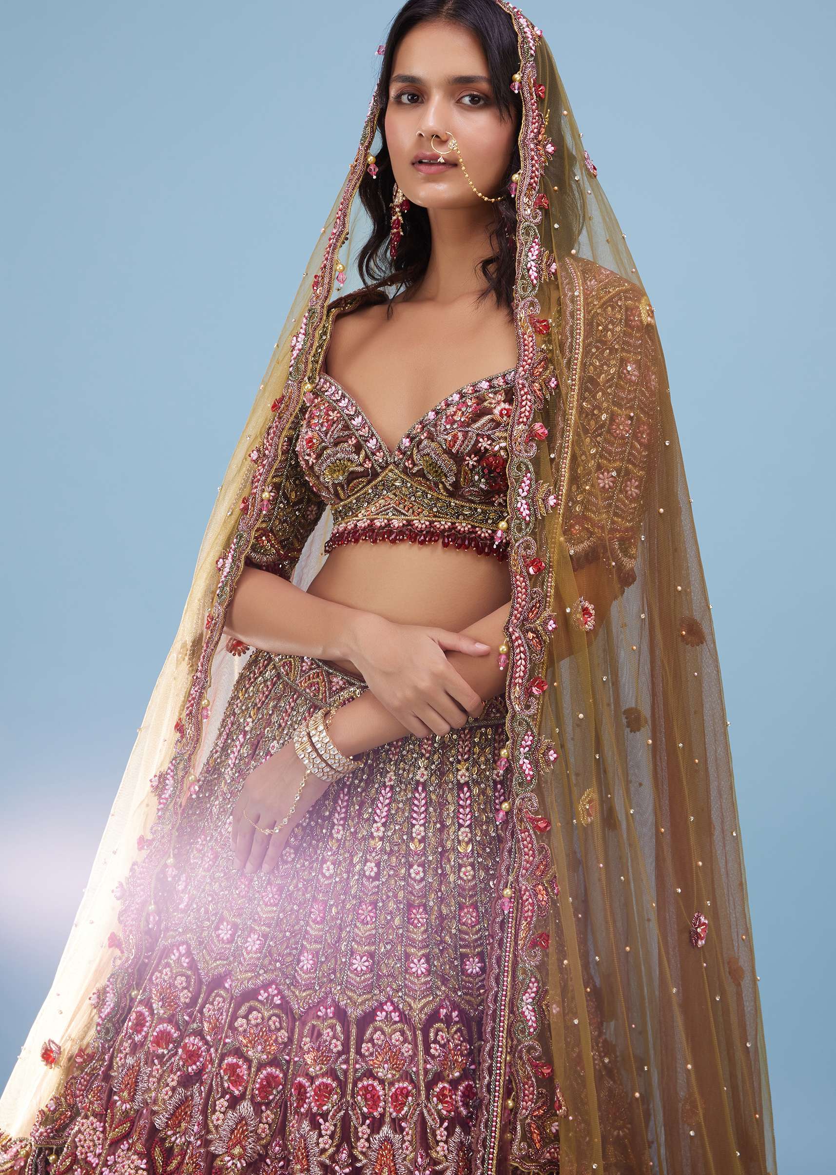 Chocolate Brown Maharani Bridal Lehenga In Velvet With Heavy Floral Embroidery - NOOR 2022