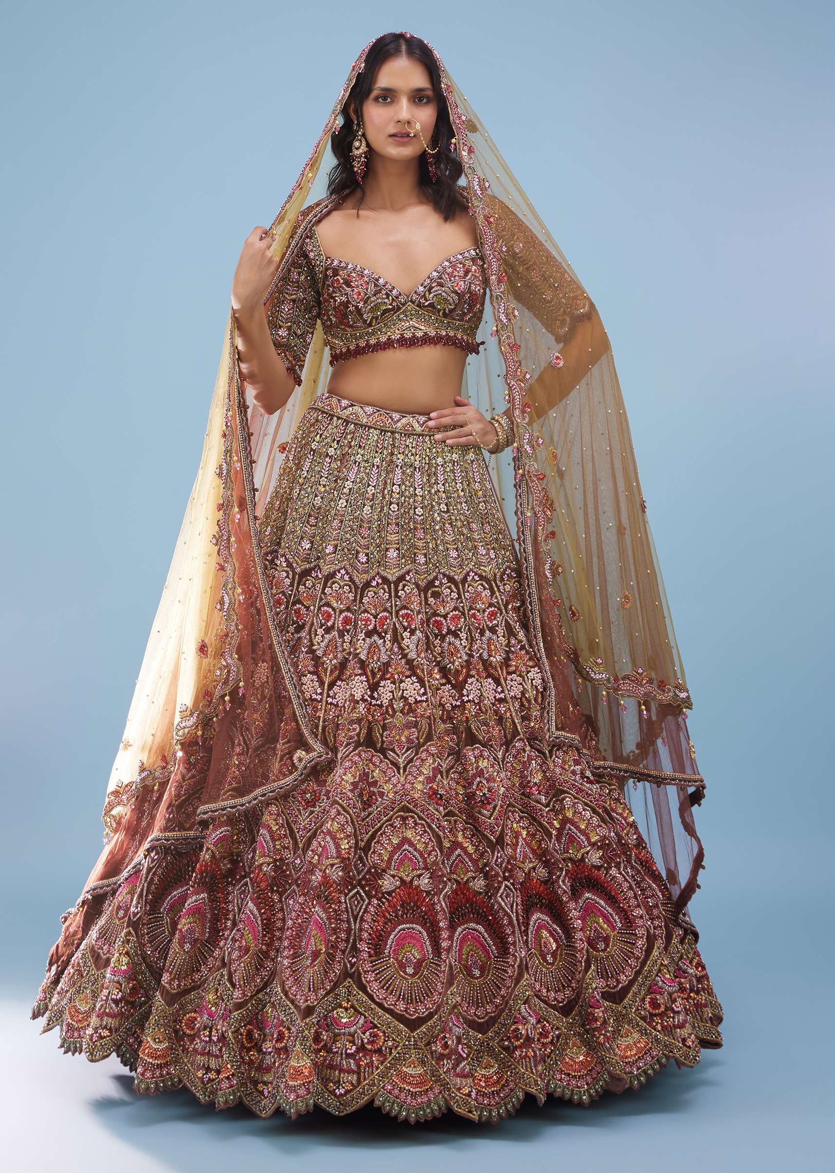 Chocolate Brown Maharani Bridal Lehenga In Velvet With Heavy Floral Embroidery - NOOR 2022