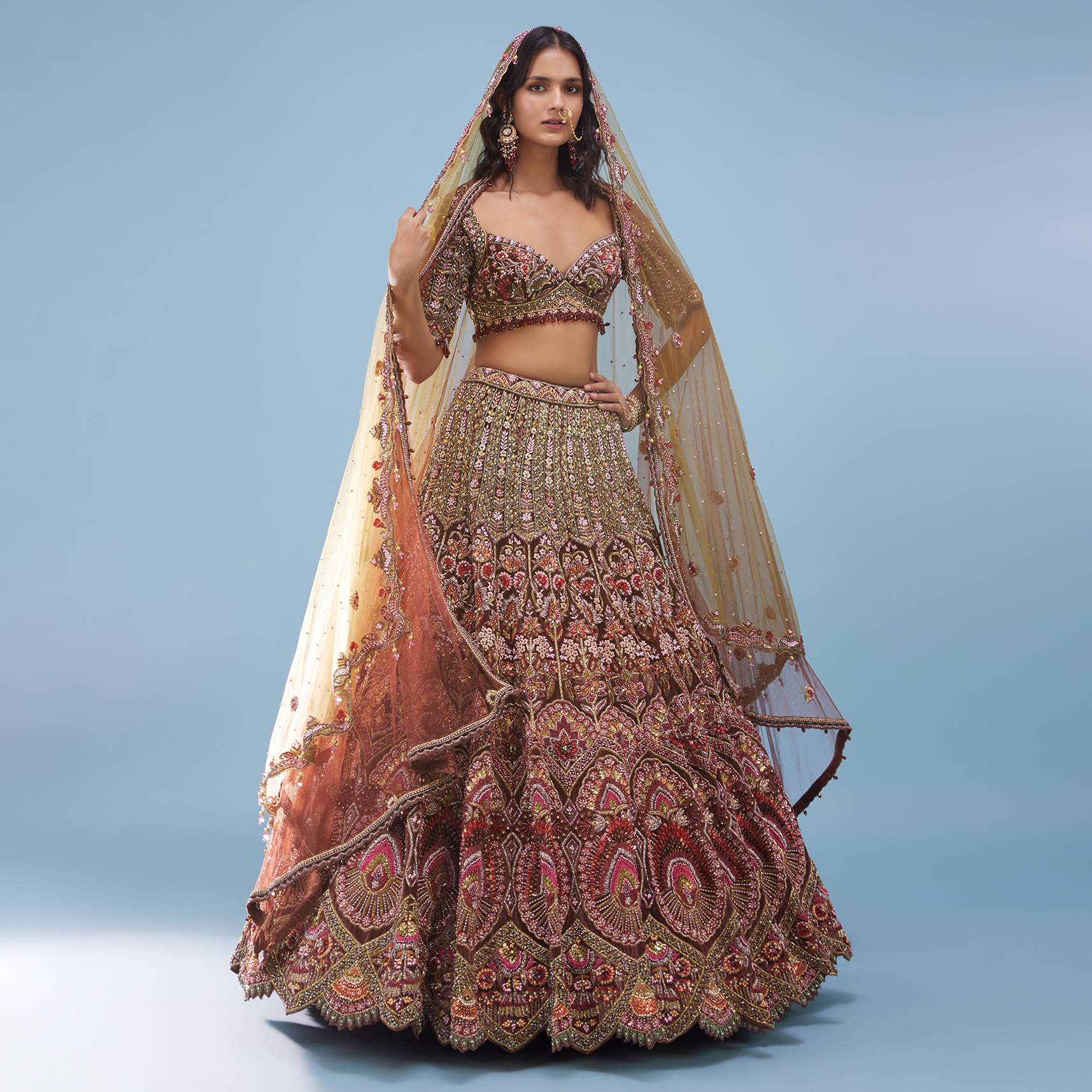 Chocolate Brown Maharani Bridal Lehenga In Velvet With Heavy Floral Embroidery - NOOR 2022