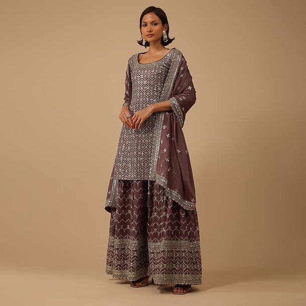 Chocolate Brown Palazzo Kurta Set In Chinon With Mirror And Sequence Work And Sharara Hem