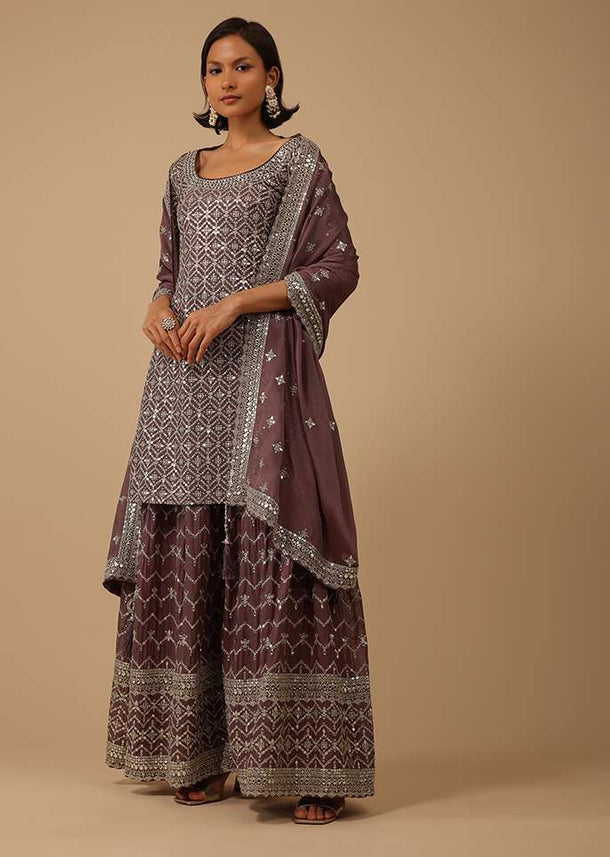 Chocolate Brown Palazzo Kurta Set In Chinon With Mirror And Sequence Work And Sharara Hem