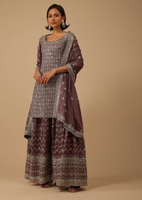 Chocolate Brown Palazzo Kurta Set In Chinon With Mirror And Sequence Work And Sharara Hem