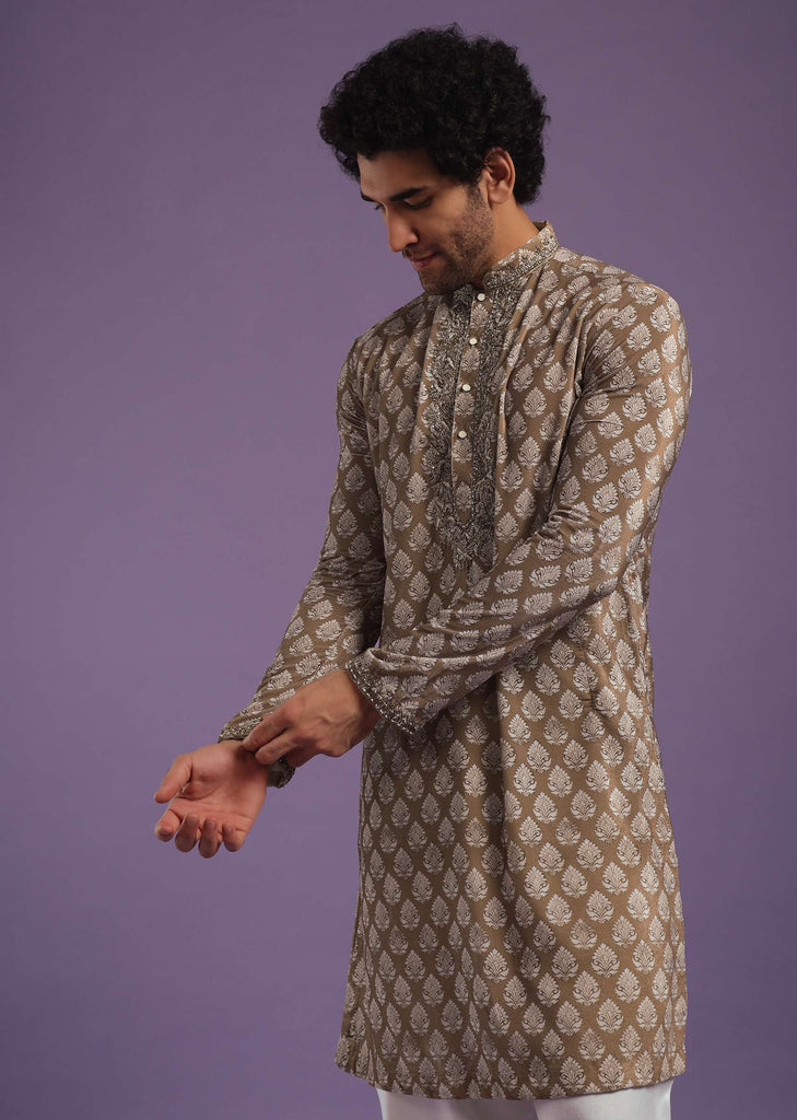 Chocolate Brown Velvet Kurta Set With Zardosi Embroidery & Block Print