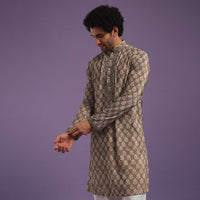 Chocolate Brown Velvet Kurta Set With Zardosi Embroidery & Block Print